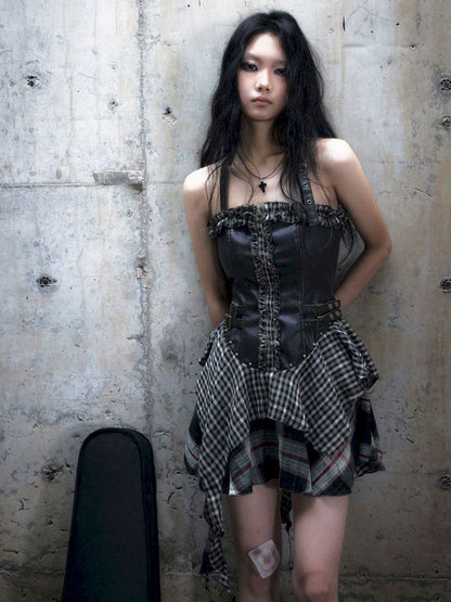 Patchwork Lattice Waisted Dress【s0000013889】