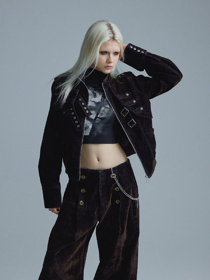 Mottled Velvet Buttoned Wide-Leg Pants【s0000018557】