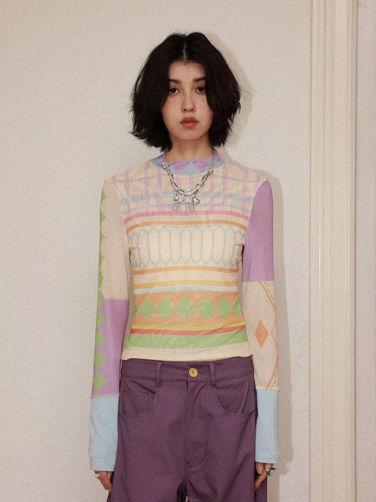 Geometric Print Skin Long Sleeve Tee【s0000015458】
