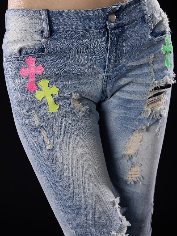 Washed Ripped Appliqué Jeans【s0000018505】