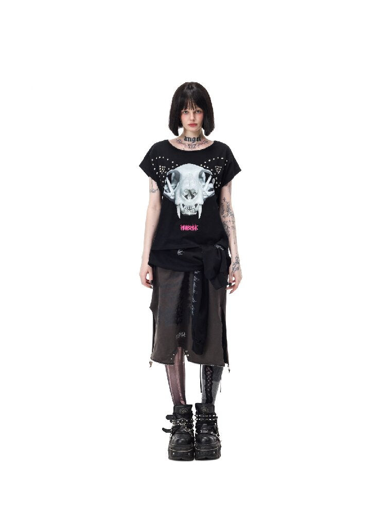 Cat Bone Print Riveted T-Shirt【s0000017714】