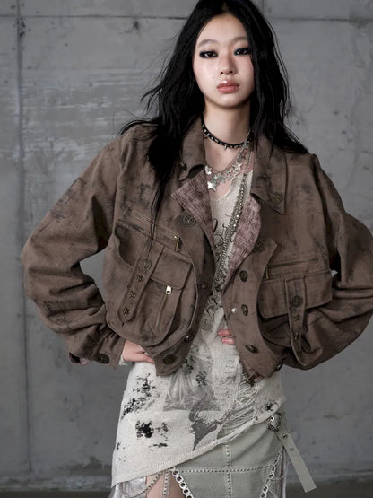 Plaid functional distressed dirty jacket【s0000014114】