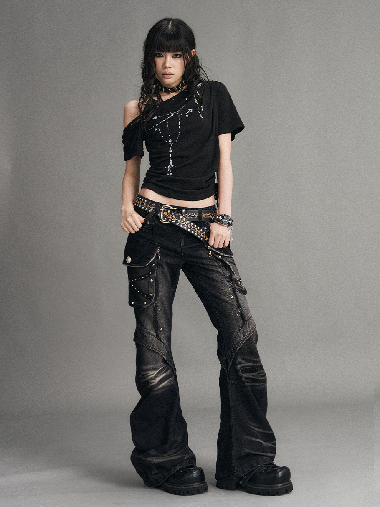 Punk Heavy Work Washed Flared Jeans【s0000017535】