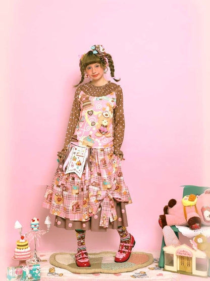 Embroidered Patch Design Bow Elastic Waist Skirt【s0000014515】