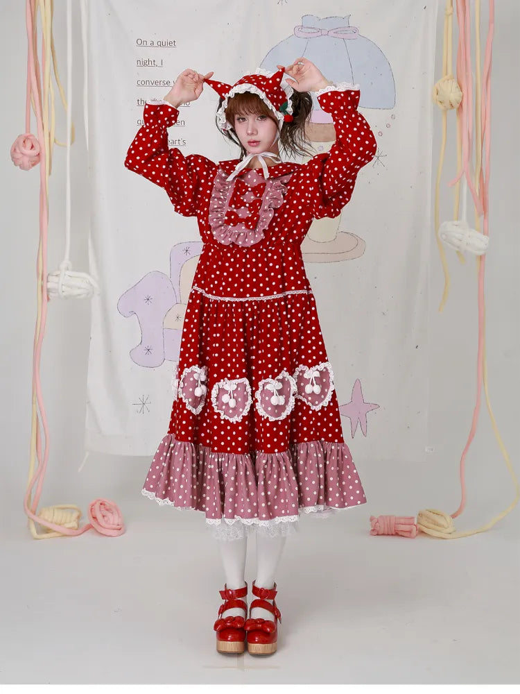 Lolita old-fashioned red polka dot niche dress【s0000014109】