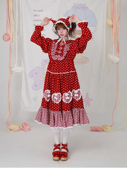 Lolita old-fashioned red polka dot niche dress【s0000014109】