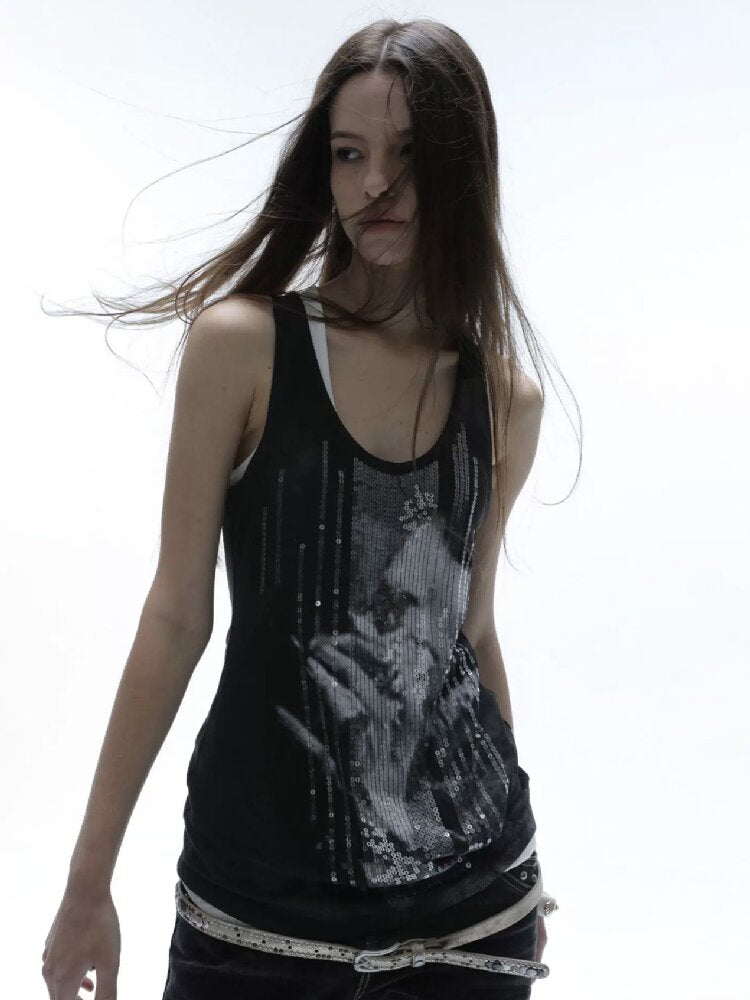 Silver Sequin Print U Neck Vest【s0000016566】