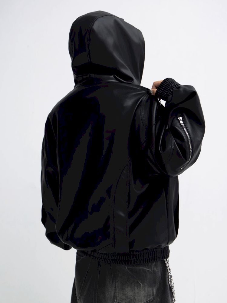 PU Leather Black Hooded Sweatshirt【s0000011348】