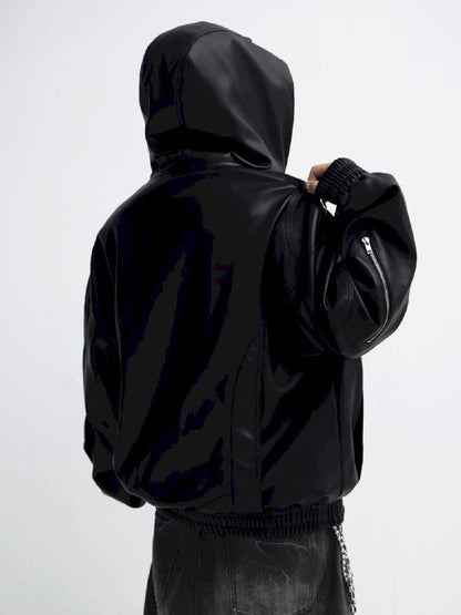 PU Leather Black Hooded Sweatshirt【s0000011348】