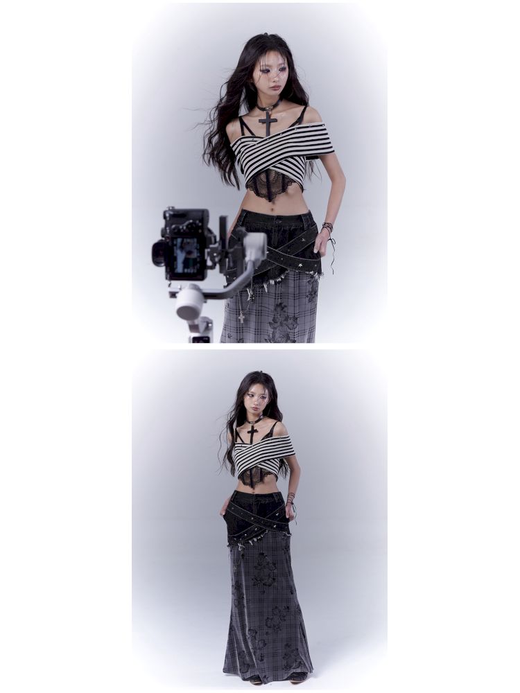 One-shoulder striped hot bustier top【s0000012839】