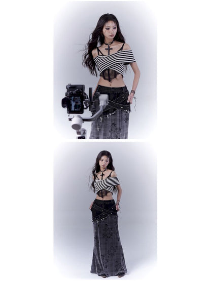 One-shoulder striped hot bustier top【s0000012839】