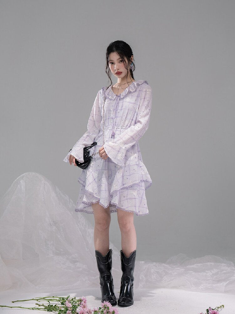 Purple Butterfly Print Ruffled Dress【s0000015739】