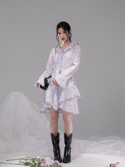 Purple Butterfly Print Ruffled Dress【s0000015739】