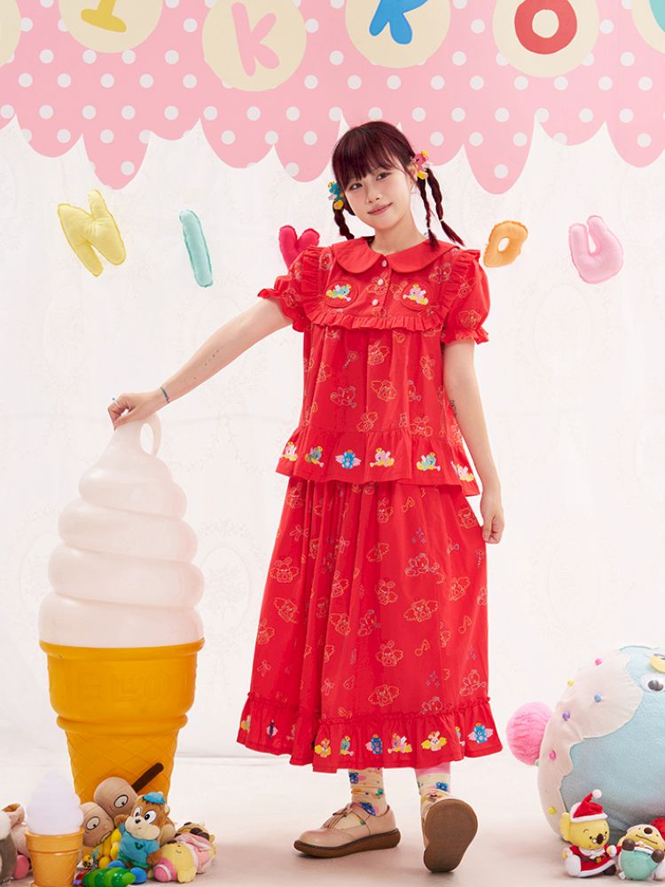 Animal angel heavy embroidery red doll shirt【s0000013184】