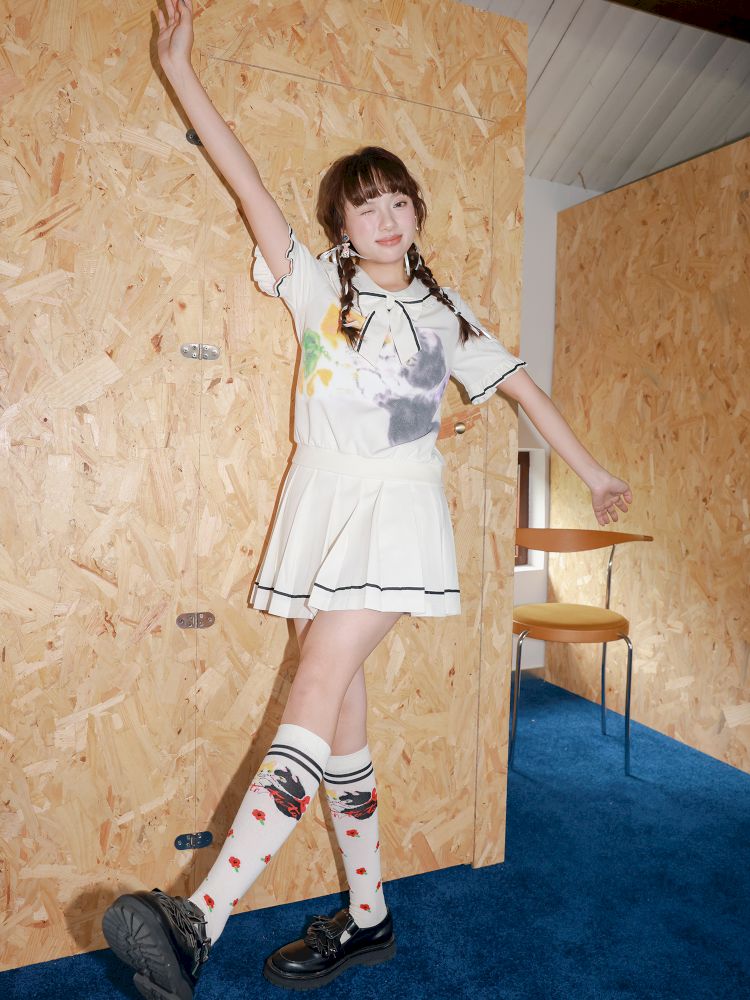 Kitten Printed Navy Neck Short Sleeve Half Dress【s0000013339】