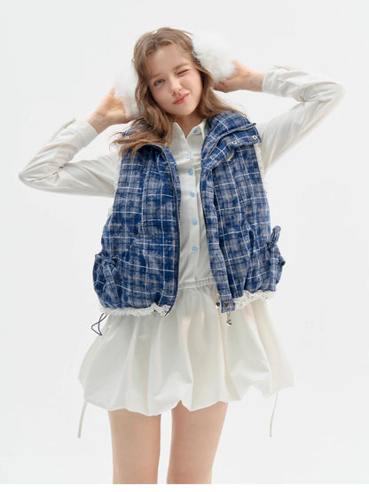 Checkered Splicing Lace Cotton Vest【s0000011504】