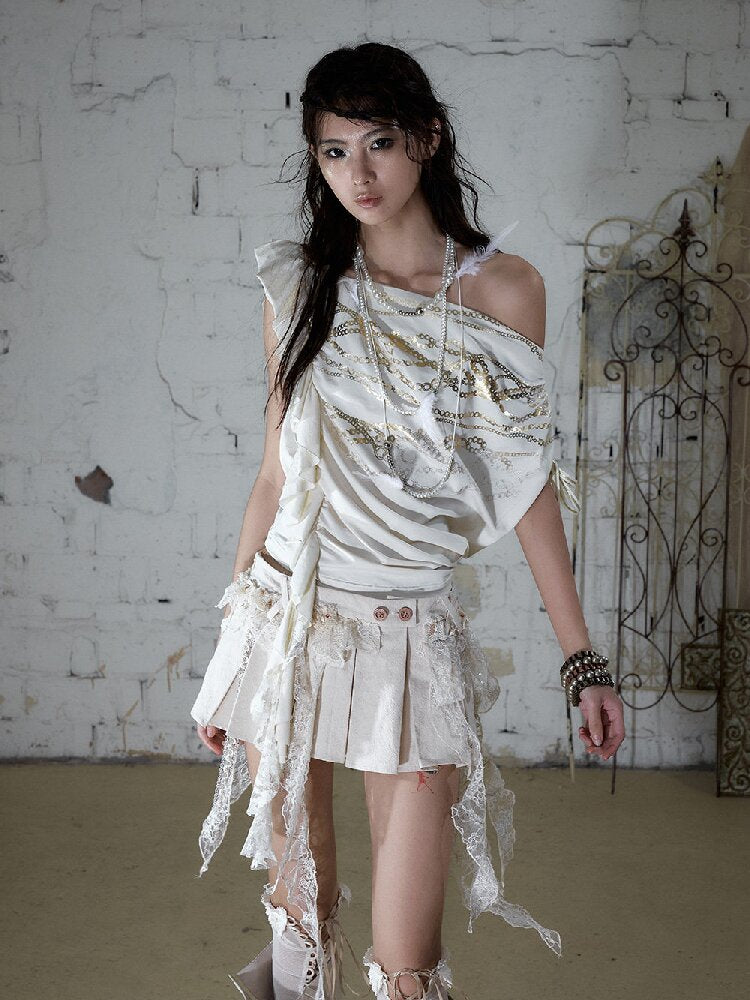 Foil Chain Print Asymmetrical T-Shirt【s0000016979】