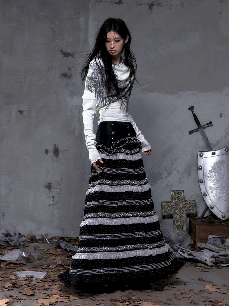 Patchwork Gathered A-Line Skirt【s0000014461】