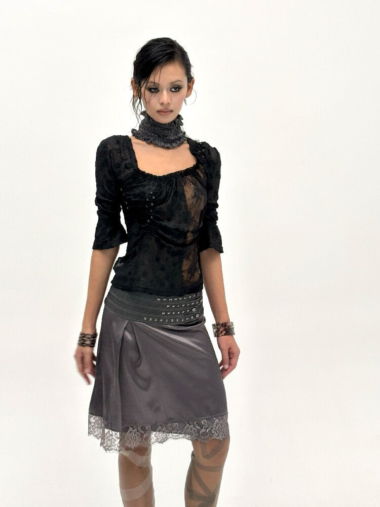 Flocked Lace Paneled Ruffled Shirt【s0000016067】