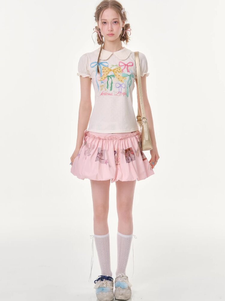 Puff Sleeve Bow Print T-Shirt【s0000016617】