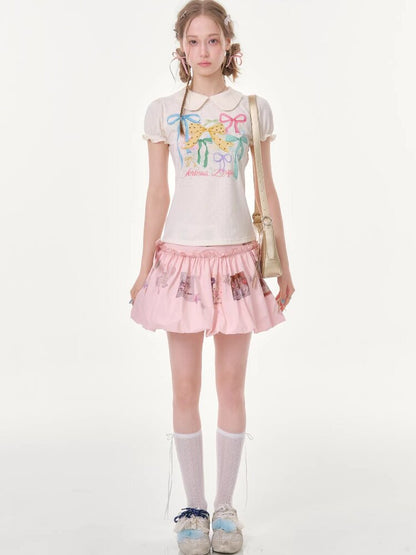 Puff Sleeve Bow Print T-Shirt【s0000016617】