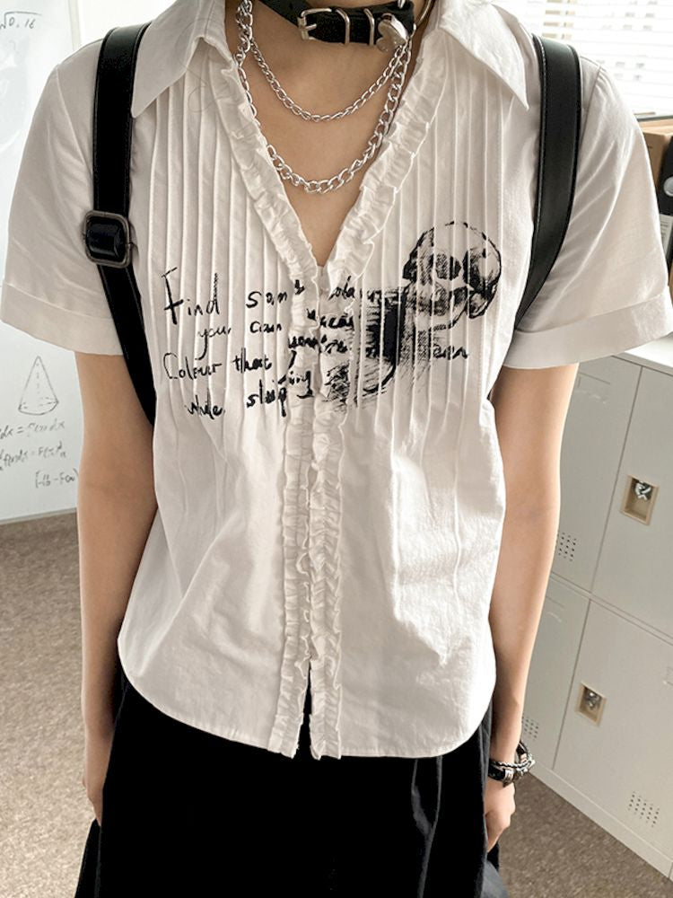 Printed Pinch Pleat Positive Shoulder Short Sleeve Shirt【s0000008834】