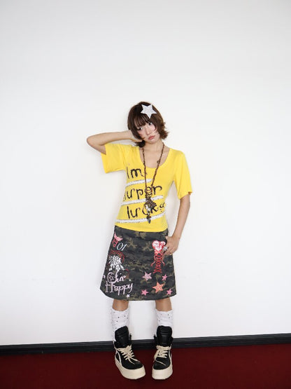 Lucky Slogan Lace Print U-Neck Top【s0000018686】