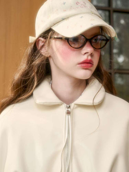 Cream Leather Doll Collar Leather Jacket【s0000014885】