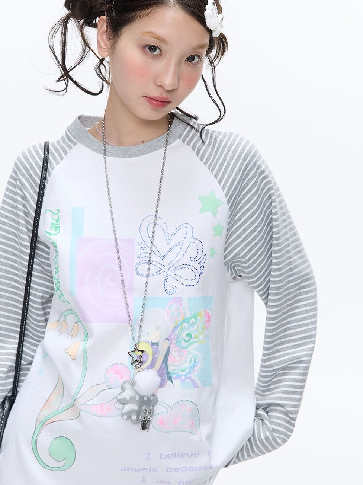 Loose Print Striped Raglan Top【s0000016378】