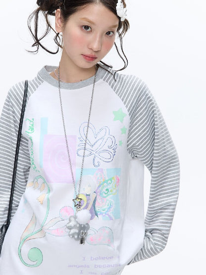 Loose Print Striped Raglan Top【s0000016378】