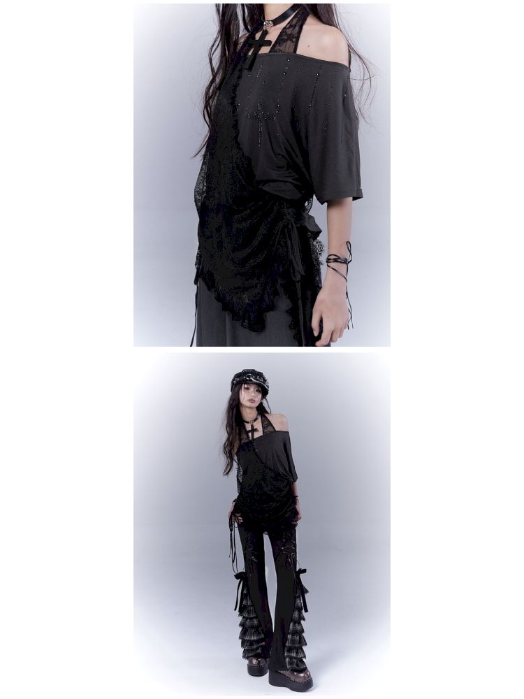 Lazy style rhinestone black T-shirt【s0000012844】