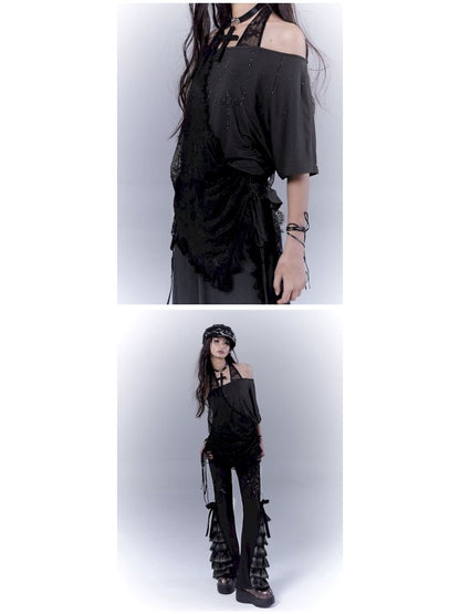 Lazy style rhinestone black T-shirt【s0000012844】