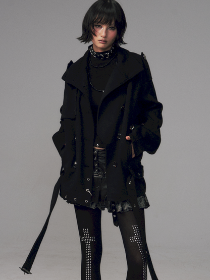 Dark Wool Double-Breasted Coat【s0000014451】