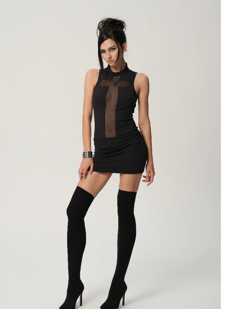 High-Neck Cross-Mesh Dress【s0000017468】