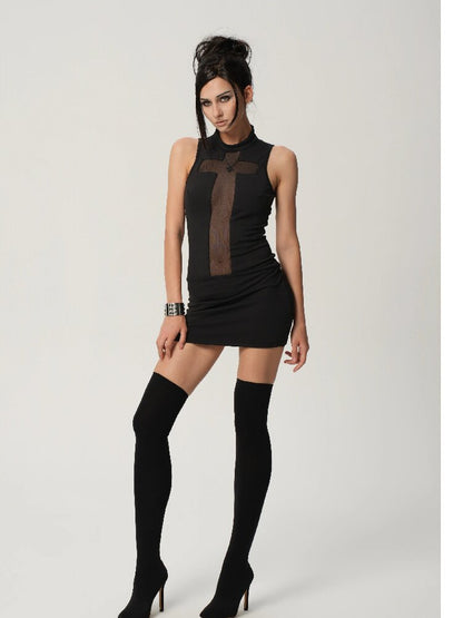 High-Neck Cross-Mesh Dress【s0000017468】