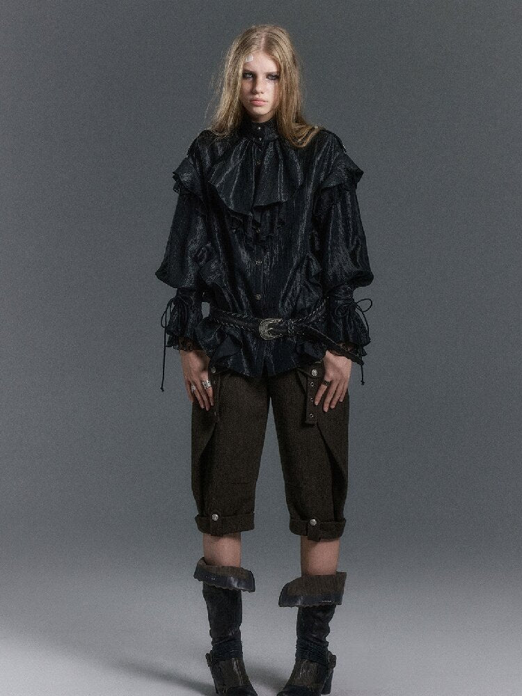 Patchwork Pearlescent Ruffled Stand Collar Shirt【s0000019242】