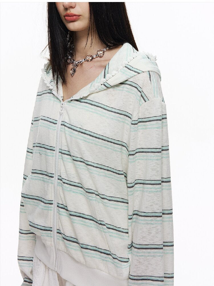 Striped Love Lace Hooded Cardigan【s0000015867】