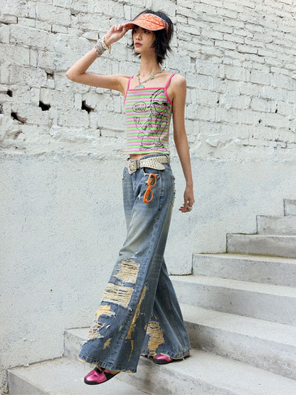 Card-playing girl striped tank top【s0000012959】