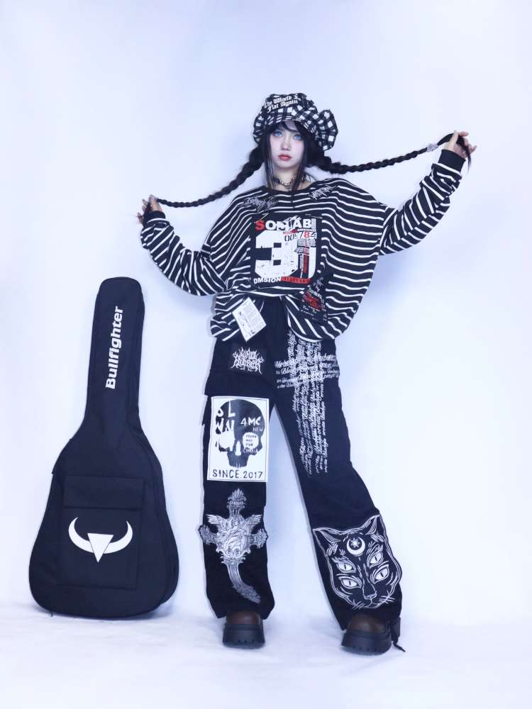 Y2K Punk Print Wide-Leg Jeans【s0000014627】