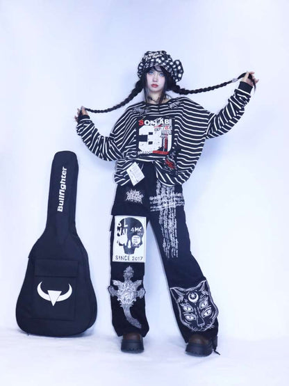 Y2K Punk Print Wide-Leg Jeans【s0000014627】