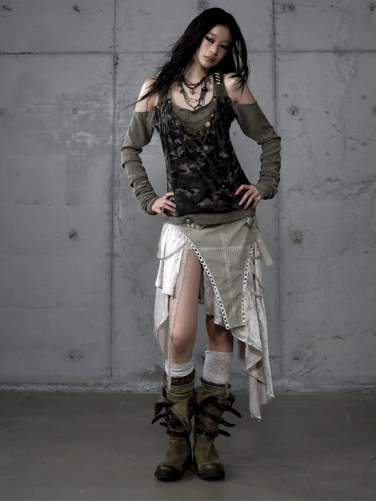 Asymmetric Leather-Satin Skirt【s0000013944】