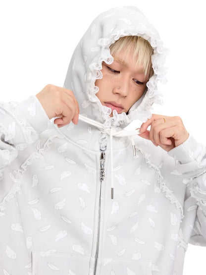Wing Feather Print Lace-Trim Hoodie【s0000014096】