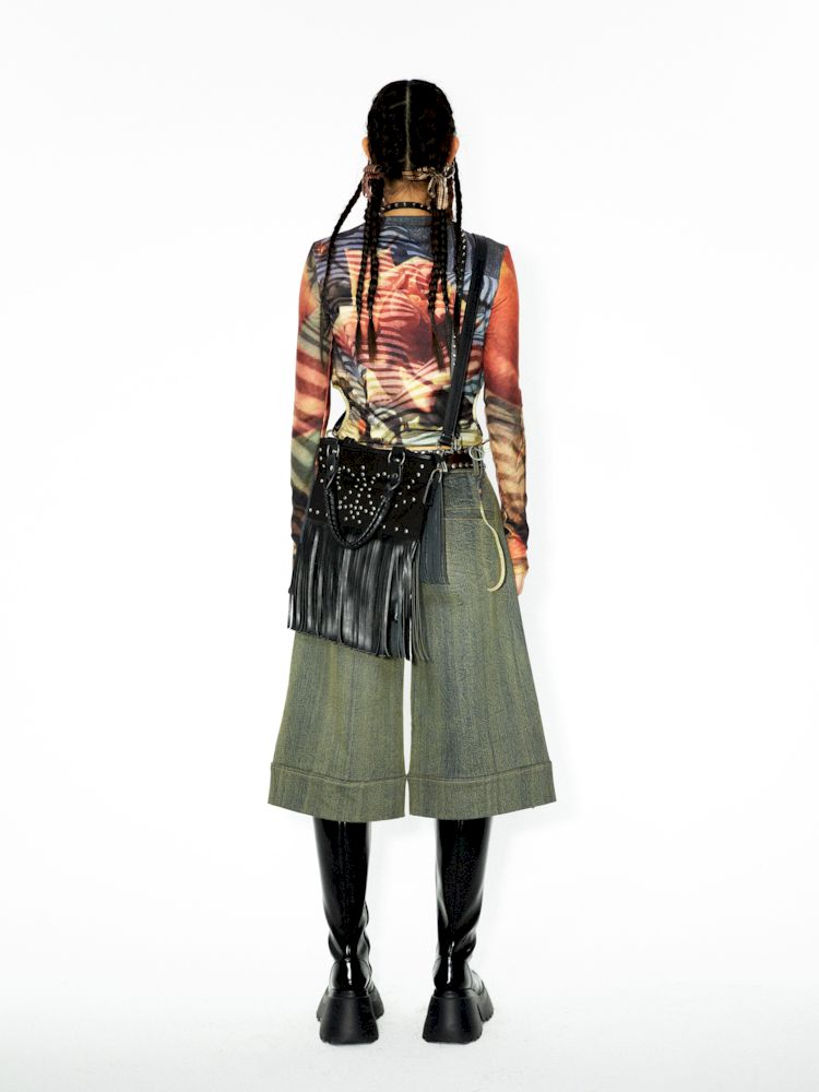 장식 된 렌더링 된 세척 데님 미디 바지 [S0000006271]