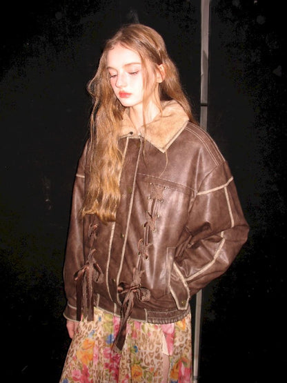 Lace Tie Brown Washed Scrub Color Fur Coat【s0000005321】