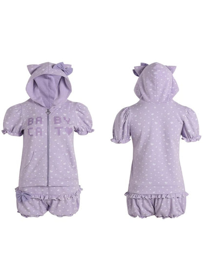 Bubble Sleeve Polka Dot Black White Purple Babycat Set【s0000009267】