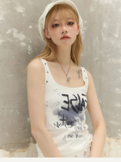 Imp Graffiti Printed Backless Hooded Neck Cami T-Shirt【s0000008398】