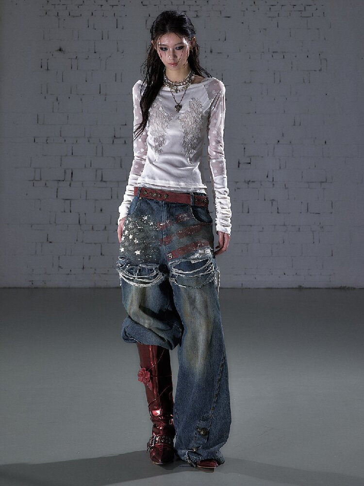 Nostalgic Print Fake Two Denim【s0000015931】