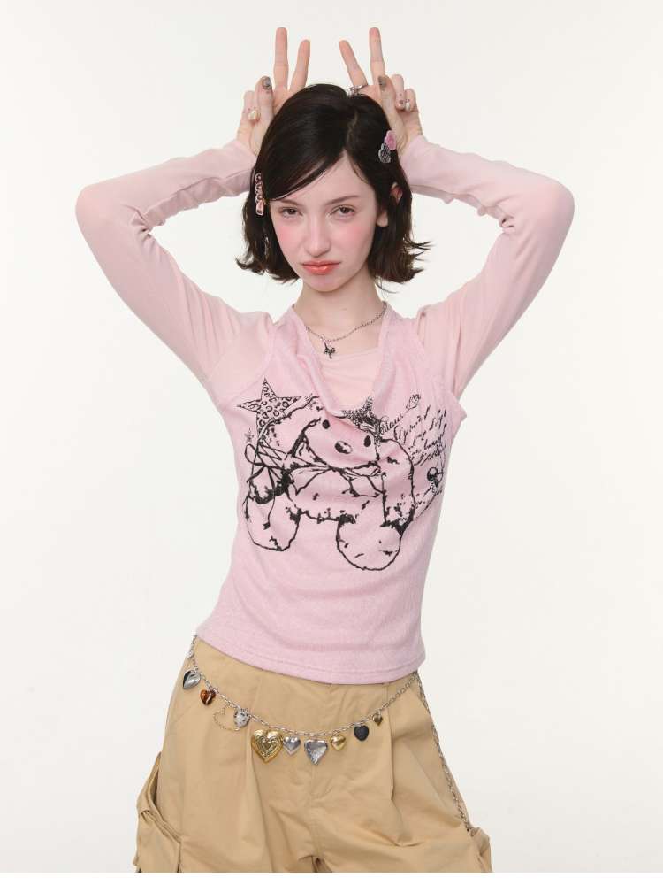 Rabbit Print Slim Halterneck Top【s0000015436】