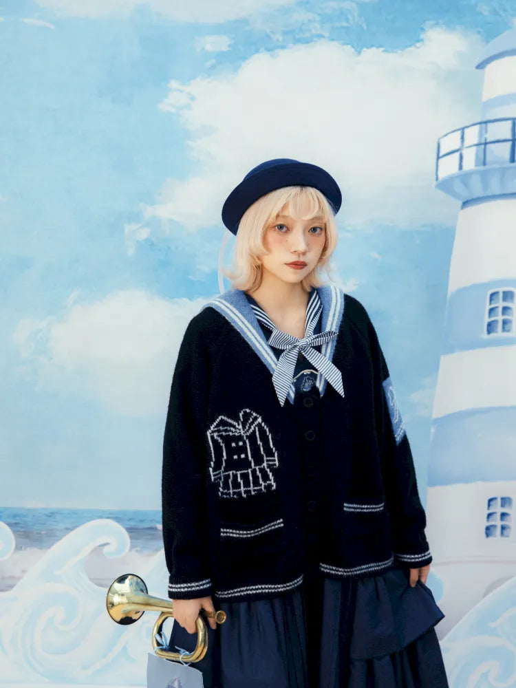 Contrasting Navy Collar Knit Cardigan【s0000014155】