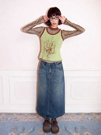 Low- Waisted Denim Mid-Length Half Skirt【s0000011643】